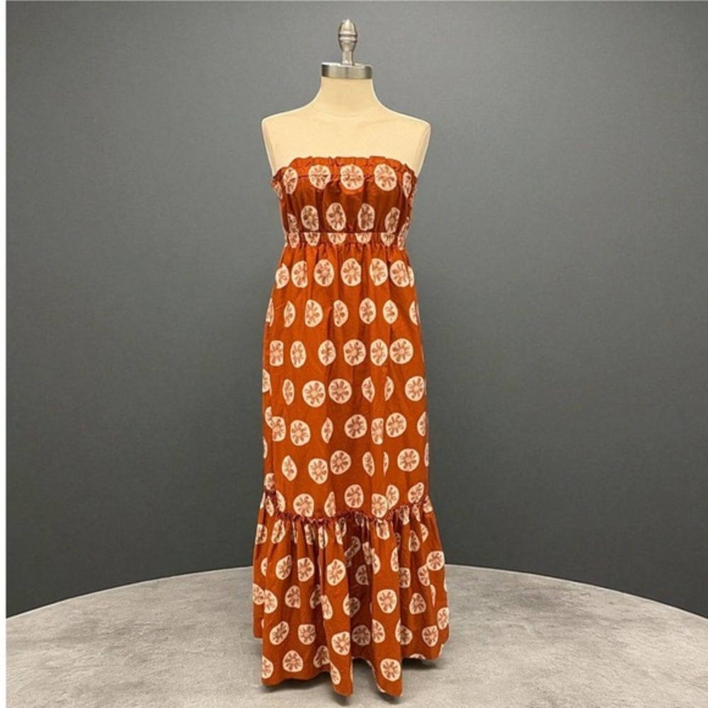 Free People Leanna Rust Strapless Sand Dollar Print Maxi Dress Ruffle Hem‎ XS